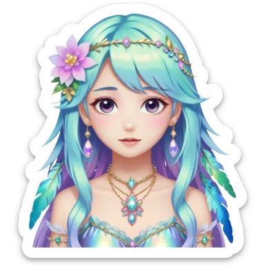 Beautiful gorgeous anime lady with beautiful iridescent-special-hair, fashion aesthetic, ethereal, fairycore, pastelcore, feather, flower, gems, accessories, jewelries, gold, colorful sticker
