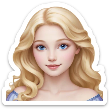 Cinematic Realistic Sleeping Beauty (Aurora) Portrait, with porcelain-like skin featuring a natural rosy flush, illuminated by soft lighting that highlights the gentle contours of her face. Her golden blonde hair flows in soft, detailed waves with subtle highlights that shimmer in the light. Her deep violet-blue eyes radiate warmth and innocence, framed by arched brows and long lashes. With a soft, serene smile, she holds a delicate rose gently in one hand, her other hand resting lightly by her side. She is dressed in her classic pink gown, the fabric rich in texture with delicate folds that catch the light. A golden crown rests atop her head, gleaming with royal refinement. The portrait captures a soft, glowing aura, blending realism with an ethereal sense of beauty and timeless enchantment. sticker