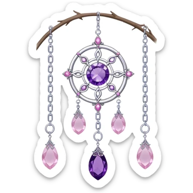 Epic Hanging silver suncatcher, chains and threads with shiny sparkly amethyst and rose-quartz gemstones,  sticker