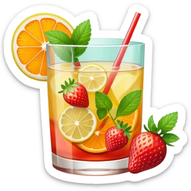 summer cocktail with lemon, strawberry, orange sticker