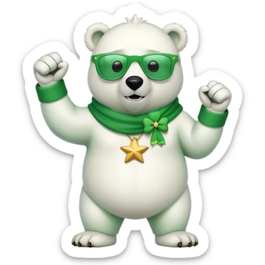 full body friendly anthropomorphised polar bear wearing oversized colorful star glasses and festive St. Patrick's Day outfit doing a fist pump sticker