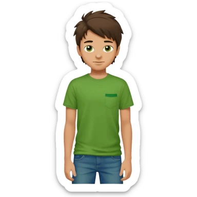A 14 yerar old teenage boy, tanned, wearing a green t-shirt , blue jeans and green sneakers with dark brown tousled hair, smirking sticker