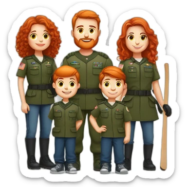 Family of five mother red hair father fat with beard son in the army son 12 years old with hockey stick son 7 years old with the smirk sticker