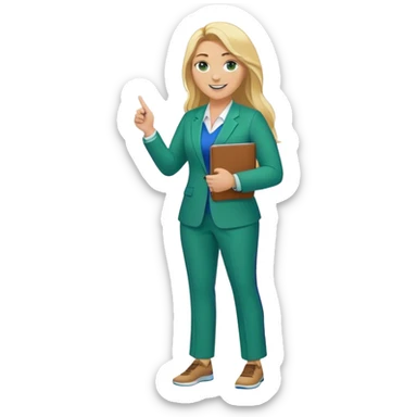 Full Body white plus size female basketball head coach with long blonde hair in a blue and green suit smiling holding clipboard sticker