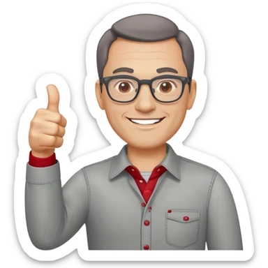 Um homem de 45 anos de óculos usando uma camiseta social cinza com detalhes nas costuras de vermelho dando um sinal de positivo. o homem deve estar alegre sticker