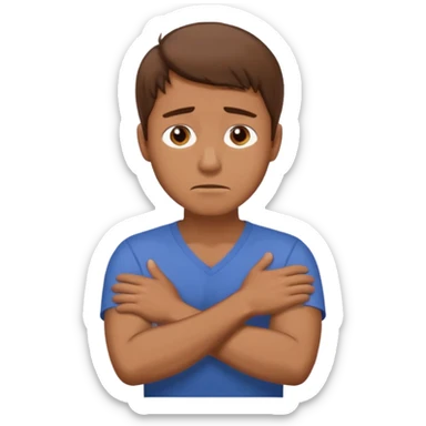 A man looking stressed holding the front of his neck with his arms crossed sticker