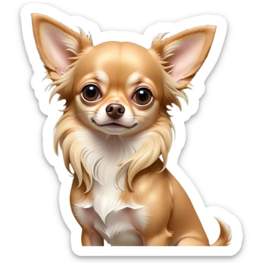 Cinematic Grumpy Long Haired Fawn Chihuahua Portrait Emoji, Head tilted slightly with a deeply unimpressed expression, thick, flowing fawn hair with natural highlights, large, droopy dark eyes narrowed into an unamused glare, ears slightly drooping in exasperation, Simplified yet comically expressive features, highly detailed, glowing with a dry, sarcastic glow, high shine, effortlessly judgmental yet dignified, stylized with a touch of cynicism, bright but brooding, soft glowing outline, capturing the essence of an eternally unimpressed yet endearing companion, so lifelike it feels like it could sigh heavily at you in disdain at any moment! sticker