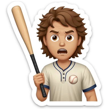 white guy with brown wavy hair holding a baseball bat yelling and getting mad sticker
