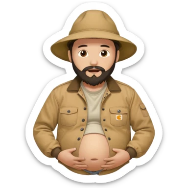 Bearded man rubbing pregnant belly poking out of shirt wearing a tan canvas carhartt jacket with a stereotypical large chinese hat on and buck teeth sticker