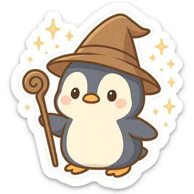 cute and whimsical penguin dressed as a wizard, wearing a pointed hat and holding a magic staff, magical sparkles around sticker