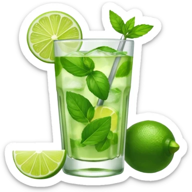 Make a mojito in she style of an emoji in a small glas with only one lime on top and one lime in the glas, not too much mint sticker