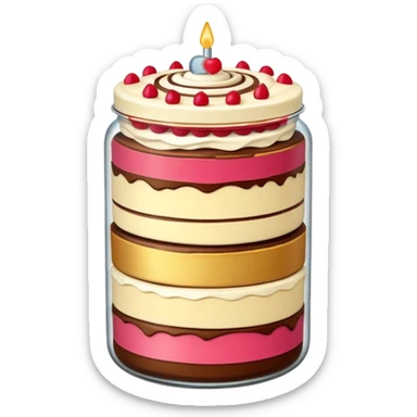 A layered little jar of cake that is gold sticker