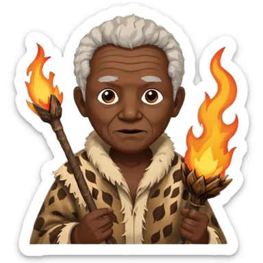 ancient africa old man, tattered animal skin cloth, hold fire stick sticker