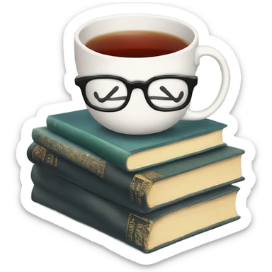 China tea cup with tea on a stack  of books with glasses on top sticker