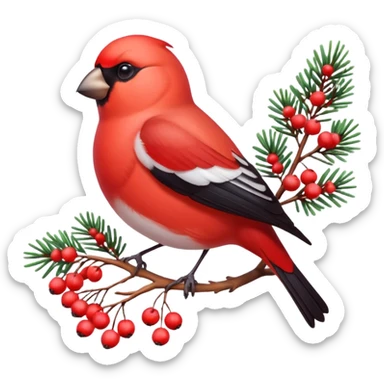 3D emoji of a bright red bullfinch bird (Snegir) sitting on a pine branch covered in fluffy white snow and red frozen rowan berries. Vibrant colors, soft feathers texture, glossy 3D icon style, Apple aesthetic, isolated on a solid white background, studio lighting. sticker
