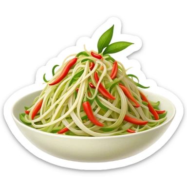 Cinematic Realistic Som Tam (Papaya Salad) Dish Emoji, featuring a spicy, tangy salad of shredded green papaya with chili and lime rendered with crisp textures and bright, lively lighting. sticker