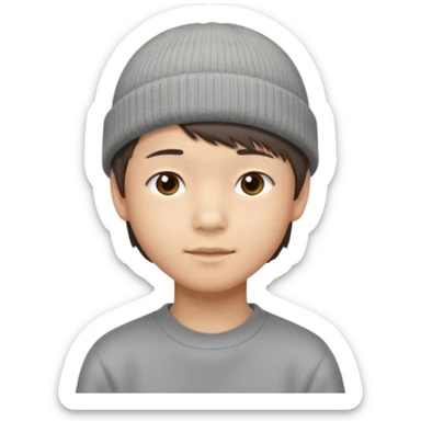 Asian boy, 14 years old, short brown hair, side bangs, grey beanie sticker