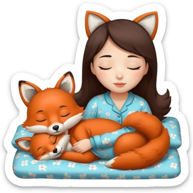A Chinese girl sleeping with a fox stuff toy next to her bed sticker