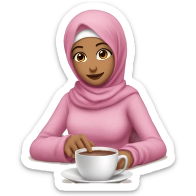 Hijabi , white , brown eyes , girl wearing pink glofs and pink hodie with pink skarf and handing a cup of hot chocolate having on it 🎀 sticker