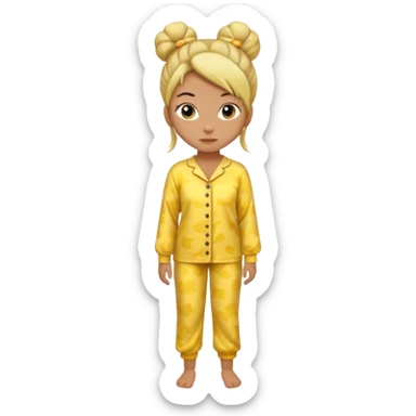 woman standing, wearing yellow pajamas, hair in a bun, full body sticker