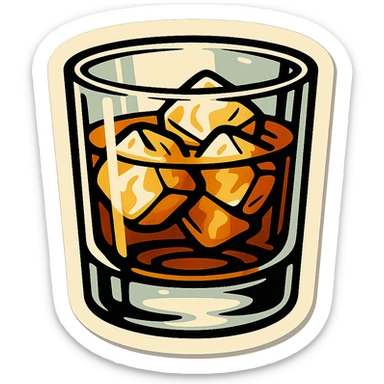 whiskey glass with ice, retro stickers style, sharp black outlines, expressive shadows and highlights, no gradients, only sharp color transitions, lowball glass, amber color drink sticker