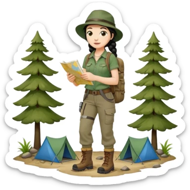 A braid black hair backpacking woman checking her map with curious eyes while walking wear camping hat and dirt covered boots full body sticker