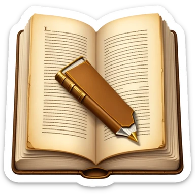 An open hardcover book with aged pages and a golden bookmark sticker