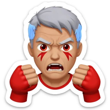 an enraged man with red skin and gray hair, clenched fists sticker