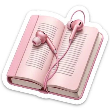 pink Pink Apple-style earbuds lying on an open book, soft pastel tones, cozy and minimal aesthetic, realistic lighting and shadows, top-down view, transparent background" sticker