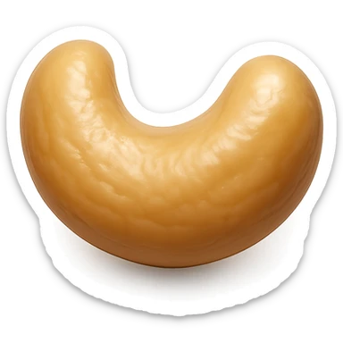 Show only a single cashew nut in a realistic crescent shape with a smooth, slightly wrinkled beige or light tan texture. The cashew should appear glossy and slightly roasted with a soft sheen, placed on a pure white background. The style should resemble 3D emoji style with realistic details. sticker