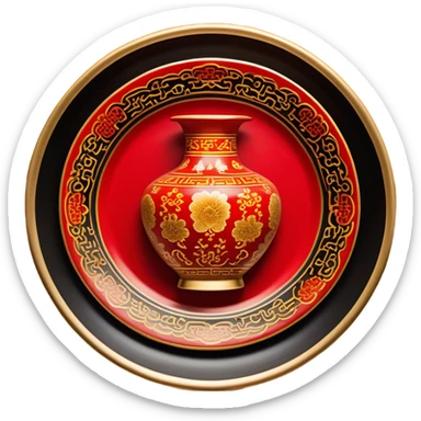 Chinese metal painting icon, intricate hand-painted Chinese patterns on metal objects such as plates or vases, vibrant colors like red, gold, and black, delicate brushstrokes, visible fine paintbrush and metal surface, no finished artwork, just the painting process, minimalistic style, clean lines, transparent background. sticker