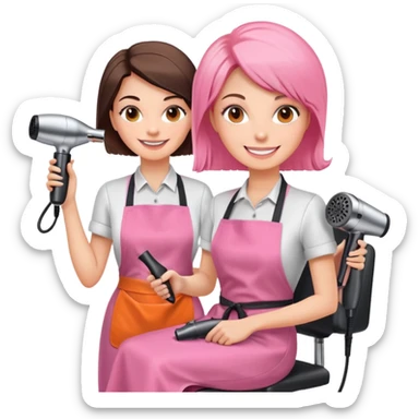 smiling woman client in pink apron sitting in salon chair, female hairstylist smiling behind her with orange apron, holding a hairdryer in right hand sticker