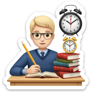 emoji student studying hard with books and clock, motivated, white background sticker