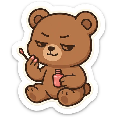 A brown bear paints his own pink nail polish, with a smug expression and a haughty attitude sticker