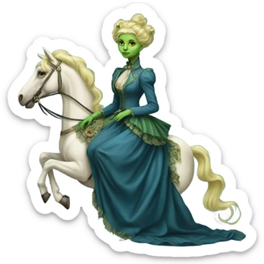 "galora green blonde alien woman" in blue Victorian dress elegant, full body, on pegaso sticker