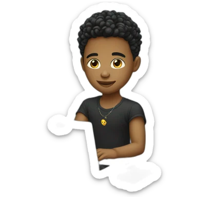 A boy, with light skin, has a tattoo on his face, and is working on a laptop sticker