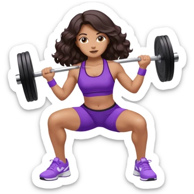 mujer de tez trigueña, con cabello castaño oscuro ondulado no muy marcado, hasta las nalgas super largo estilizado, con ropa deportiva morada/lila, tenis blancos deportivos y levantando una pesa sticker