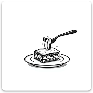 A hand-drawn plate of lasagna with a fork taking a bite, showing the layers sticker