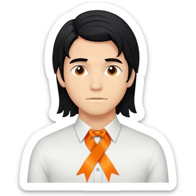 young man with mid long black haire and an orange ruban sticker
