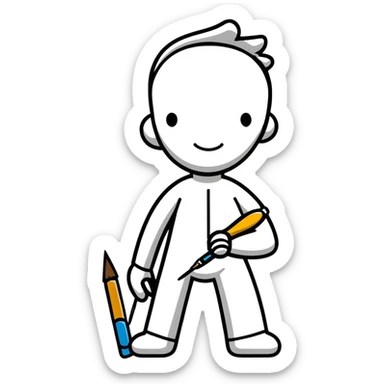 A paintbrush transforming into a 3D metal human silhouette sculpture, symbol of artistic identity, with defined sculptural details sticker