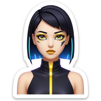 Cyberpunk woman, sleek black bob, gold neck cyberware, sharp eyeliner, neon lighting sticker