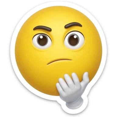 The emoji has a round yellow face with a slightly skeptical expression 
Its eyebrows are raised, and the eyes are looking sideways, which gives the feeling that it’s judging or thinking
One white-gloved hand is placed under its chin, 
The mouth is slightly curved sticker