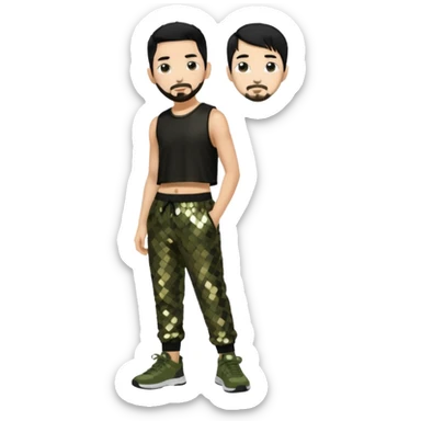 Mike Shinoda with black hair, black sequin crop top, olive sequin baggy pants sticker