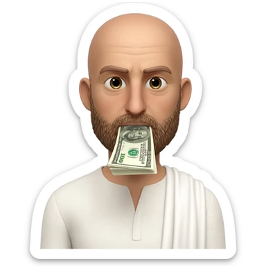 A picture of a bald Greek man a little heavy set sucking up dollars as the go by sticker