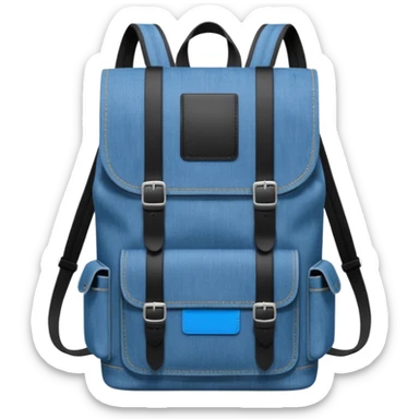 An emoji-style blue denim backpack with a flap top. Two short black buckle straps are attached only at the top flap, not extending to the bottom. The front is clean with no pockets or extended straps. The backpack has two side pockets. Flat, minimalist, cartoon icon.


 sticker