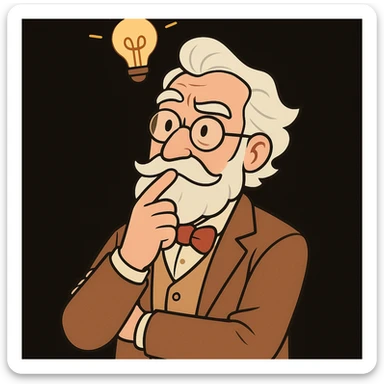 cartoon style wise gentleman brainstorming with a light bulb above his head to represent thinking, deepest black background, modern and playful look sticker