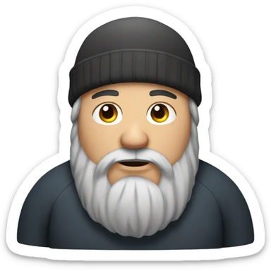 An overweight man with long hair, a beanie and a beard sticker