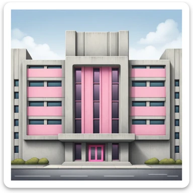 Brutalist concrete government building with one distinctive pink window and many standard windows sticker