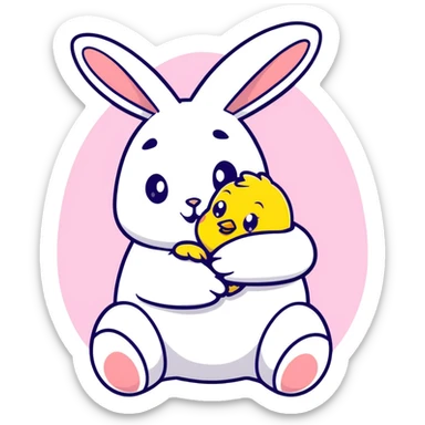 Adorable easter bunny hugging a small yellow chick sticker