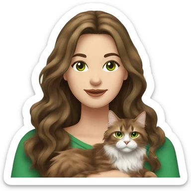 White brunette long wavy hair woman with green eyes holding a brown Maine coon cat  sticker